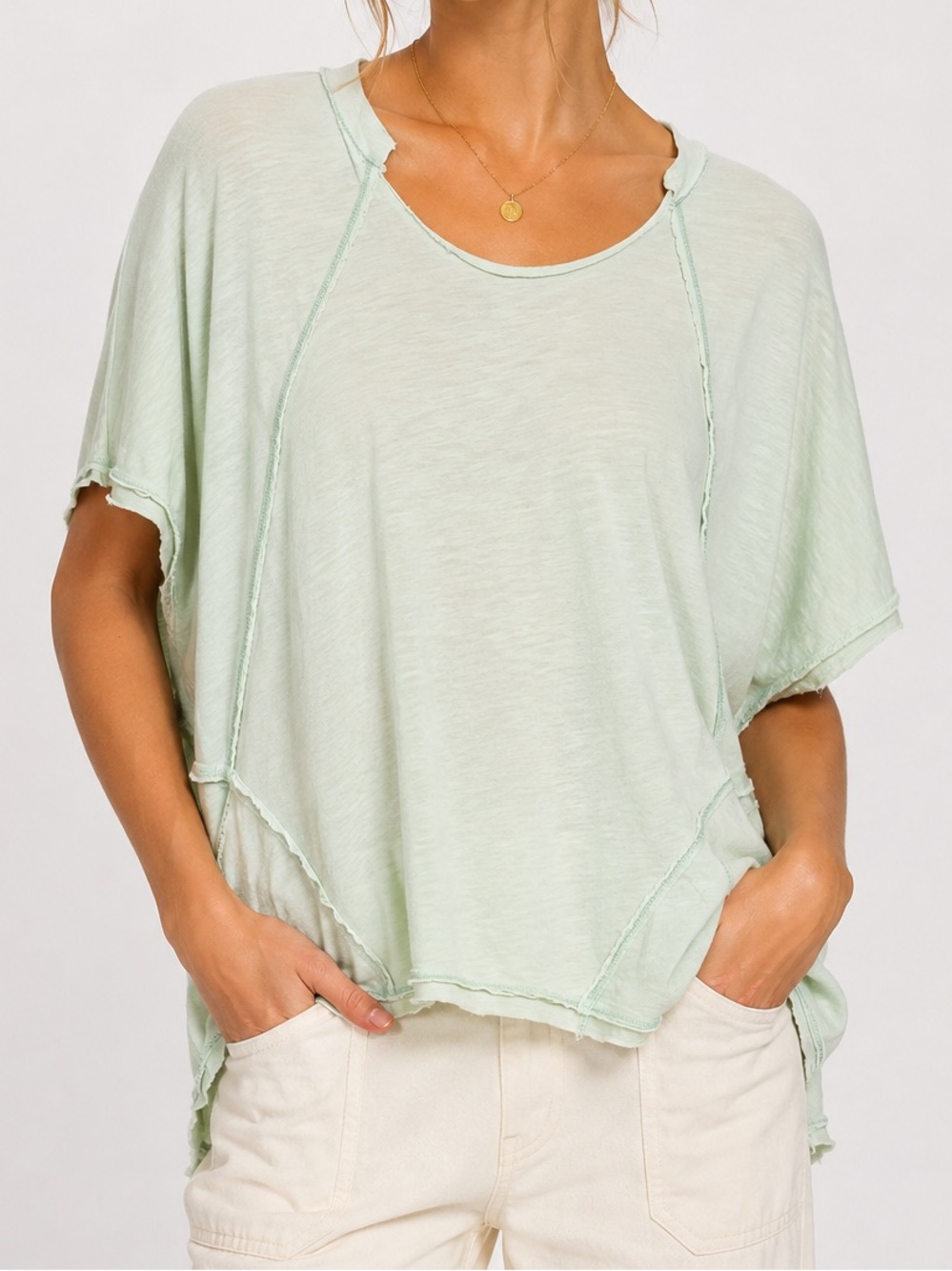 Anthropologie t.la Mint Green Raw Edge Oversized Dolman Top Casual Boxy Size M